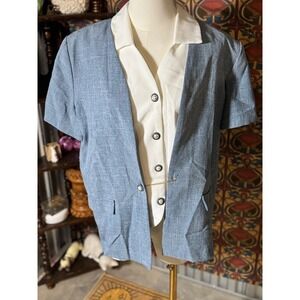 Promises Petite Blue Blazer Vest Set Short Sleeve Button Up Womens Size‎ 14P